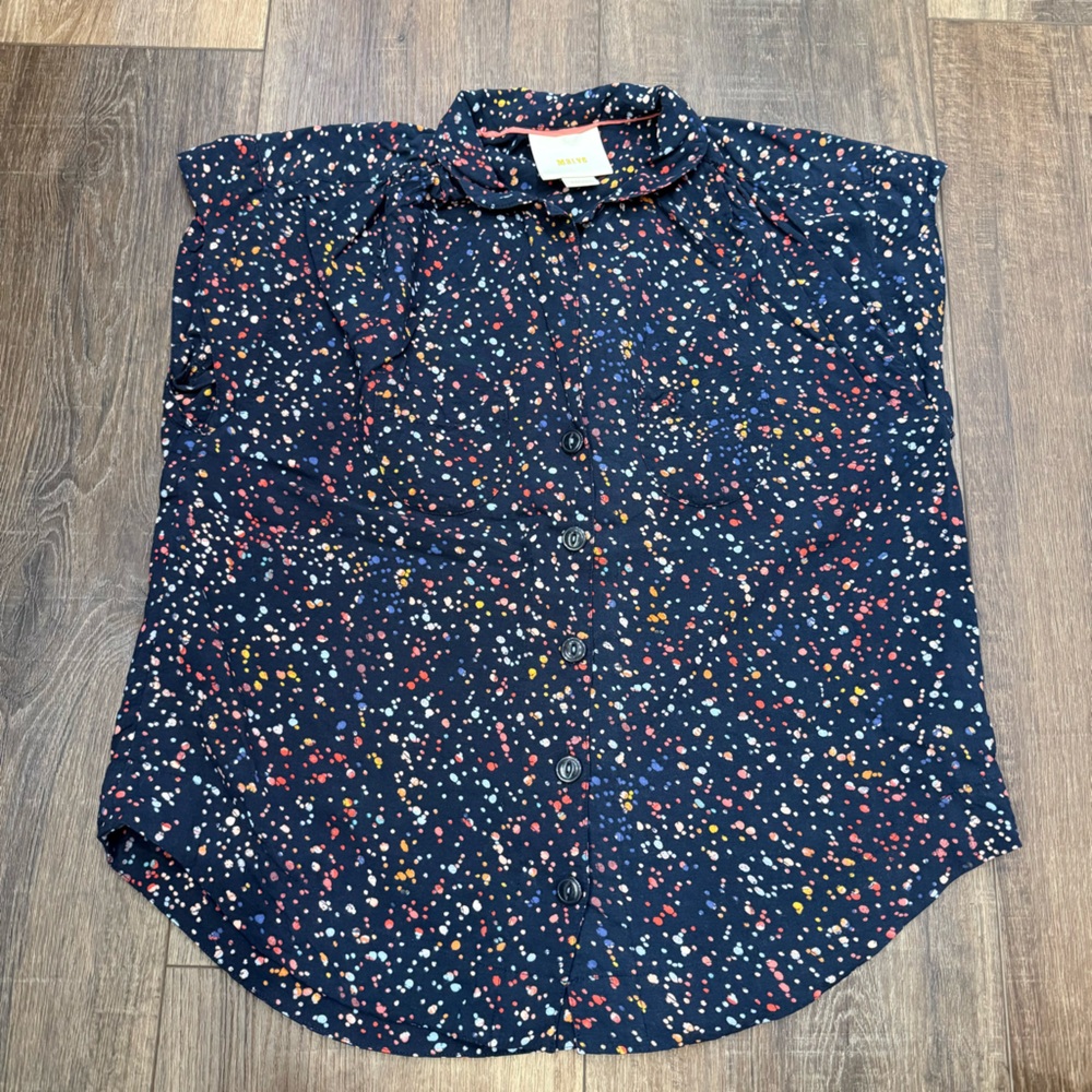 Maeve anthropologie button up navy splatter top